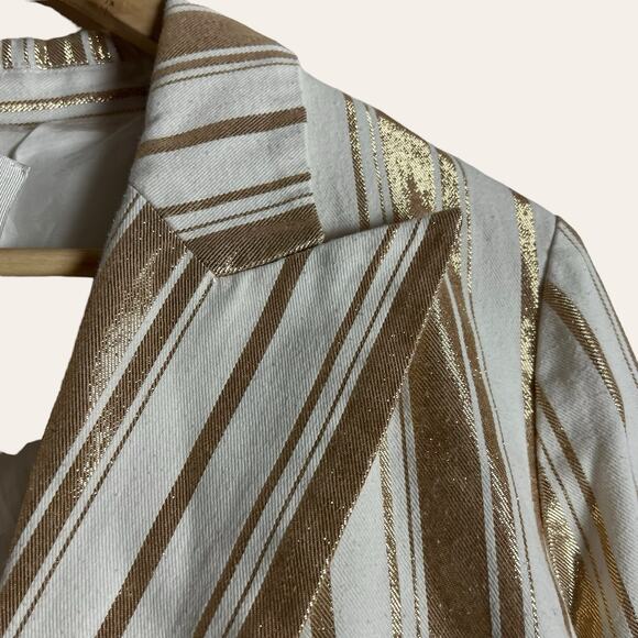 7 For All Mankind Women’s Shine Gold Cream Striped Double Breasted Blazer L - Picture 9 of 16